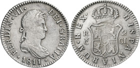 1811. Fernando VII. Cádiz. CI. 2 reales. (AC. 726). Marca de ceca grande. Rayita. 5,69 g. MBC-.