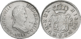 1811. Fernando VII. Cádiz. CI. 2 reales. (AC. 726). Marca de ceca grande. 5,91 g. MBC.