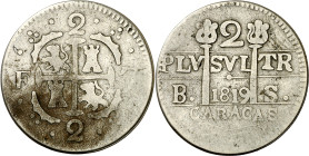 1819. Fernando VII. Caracas. BS. 2 reales. (AC. 732). Leones y castillos. Escasa. 4,64 g. MBC-.
