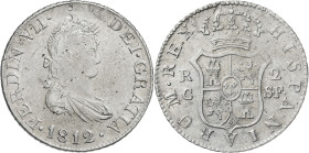 1812. Fernando VII. Catalunya (Mallorca). SF. 2 reales. (AC. 766). Con punto entre los ensayadores. Punzonadas. 5,68 g. MBC.