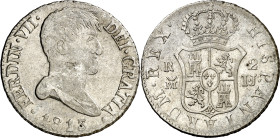 1813. Fernando VII. Madrid. IJ. 2 reales. (AC. 824). Busto desnudo. Parte de brillo original. Escasa. 5,91 g. MBC.