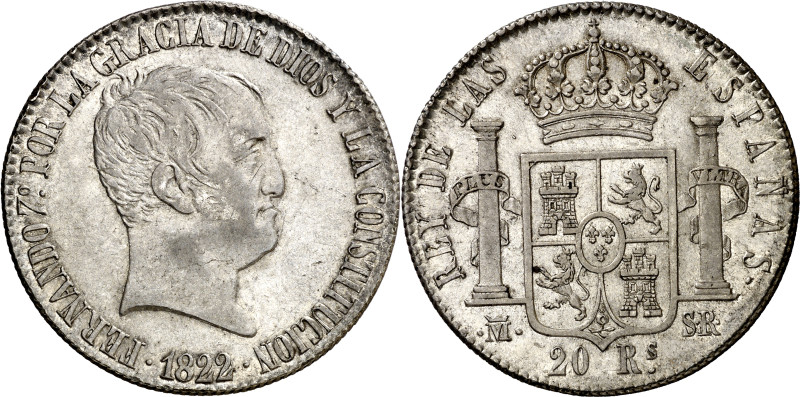 1822. Fernando VII. Madrid. SR. 20 reales. (AC. 1282). Tipo "cabezón". Preciosa ...
