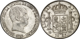 1822. Fernando VII. Madrid. SR. 20 reales. (AC. 1282). Tipo "cabezón". Preciosa pátina. Escasa así. 26,90 g. MBC+.