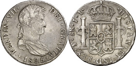 1825. Fernando VII. Potosí. JL. 8 reales. (AC. 1394). Acuñación republicana. Golpecitos. Bonita pátina. 26,97 g. MBC/MBC+.