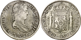 1821. Fernando VII. Zacatecas. RG. 8 reales. (AC. 1465). Golpecito. 27,07 g. MBC-.