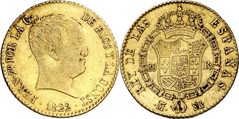 1822. Fernando VII. Madrid. SR. 80 reales. (AC. 1641). Tipo "cabezón". 6,68 g. M...