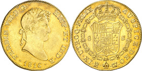 1816/5. Fernando VII. Madrid. GJ. 8 escudos. (AC. 1771) (Cal.Onza 1236). Leves rayitas. Precioso color. Rara. 26,96 g. MBC+/EBC-.