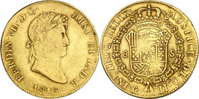1816. Fernando VII. México. JJ. 8 escudos. (AC. 1794) (Cal.Onza 1266). Acuñación floja. Golpecitos. 26,92 g. MBC-/MBC.