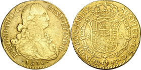 1810. Fernando VII. Santa Fe de Nuevo Reino. JF. 8 escudos. (AC. 1837) (Cal.Onza 1314) (Restrepo 127-8). Golpes. 26,78 g. MBC-.