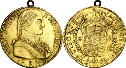 1810. Fernando VII. Santiago. FJ. 8 escudos. (AC. 1863) (Cal.Onza 1346). Busto almirante. Con anilla, pero no fue usada como joya. Hojita en reverso. ...