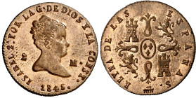 1845. Isabel II. Segovia. 2 maravedís. (AC. 57). Bella. Brillo original. Escasa así. 2,20 g. EBC+.
