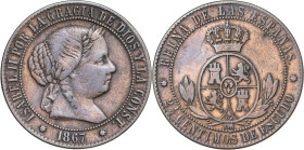 1867. Isabel II. Sevilla. OM. 2 1/2 céntimos de escudo. (AC. 245). 6,21 g. MBC-.