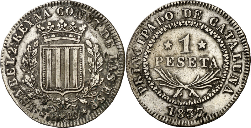 1837. Isabel II. Barcelona. 1 peseta. (AC. 272). 5,75 g. MBC+.