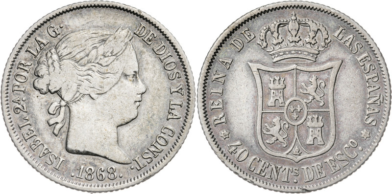 1868*1868. Isabel II. Madrid. 40 céntimos de escudo. (AC. 503). 5,05 g. MBC-.