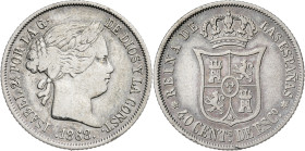 1868*1868. Isabel II. Madrid. 40 céntimos de escudo. (AC. 503). 5,05 g. MBC-.