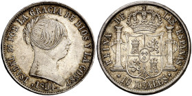 1854. Isabel II. Sevilla. 10 reales. (AC. 551). Bella. Pátina. Ex Áureo & Calicó 24/01/2019, nº 605. Rara así. 12,91 g. EBC/EBC+