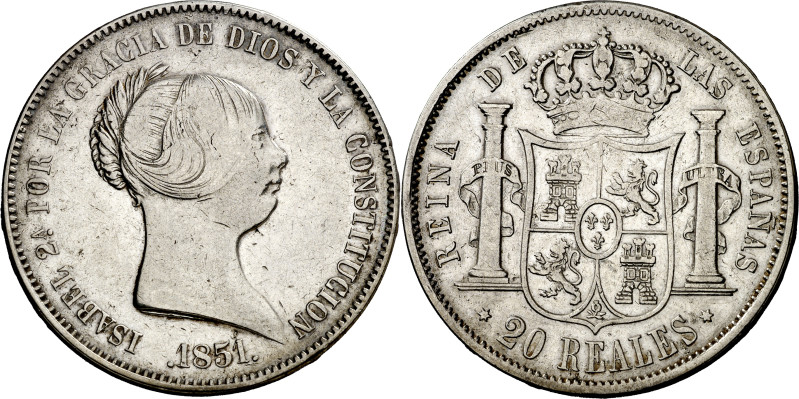 1851. Isabel II. Madrid. 20 reales. (AC. 593). Limpiada. 25,89 g. BC+/MBC-.