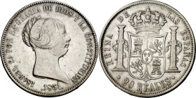 1851. Isabel II. Madrid. 20 reales. (AC. 593). Limpiada. 25,89 g. BC+/MBC-.