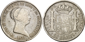 1851. Isabel II. Madrid. 20 reales. (AC. 593). 25,72 g. MBC-.