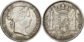 1858. Isabel II. Madrid. 20 reales. (AC. 615). Rayas y golpecitos. 25,59 g. MBC-.