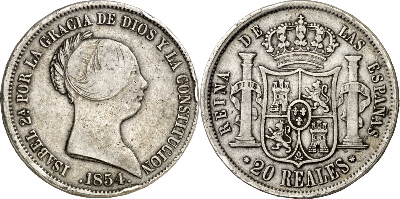 1854. Isabel II. Sevilla. 20 reales. (AC. 629). Golpecitos. 25,78 g. MBC-/MBC.