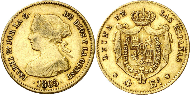 1865. Isabel II. Madrid. 4 escudos. (AC. 688). 3,33 g. MBC-/MBC.