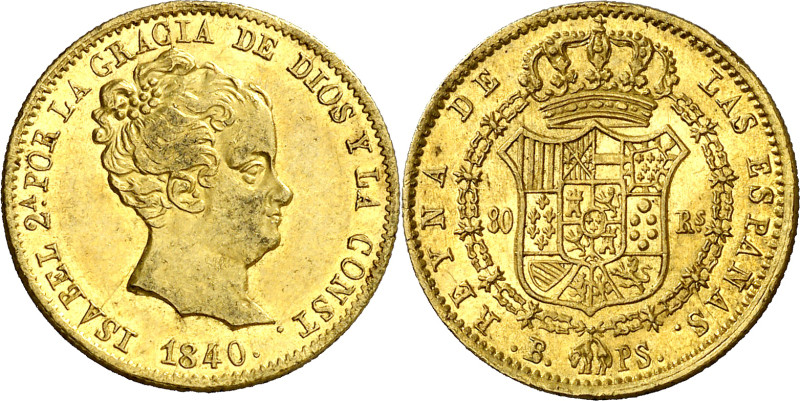 1840. Isabel II. Barcelona. PS. 80 reales. (AC. 705). Bella. Escasa así. 6,75 g....