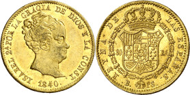1840. Isabel II. Barcelona. PS. 80 reales. (AC. 705). Bella. Escasa así. 6,75 g. EBC.