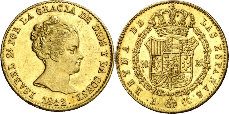 1842. Isabel II. Barcelona. CC. 80 reales. (AC. 709). Leves rayitas. Parte de br...