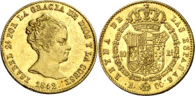 1842. Isabel II. Barcelona. CC. 80 reales. (AC. 709). Leves rayitas. Parte de brillo original. Escasa así. 6,74 g. EBC-.