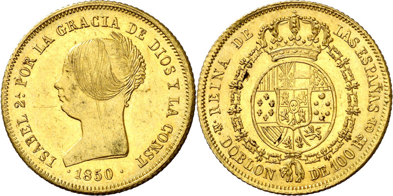 1850. Isabel II. Madrid. CL. Doblón de 100 reales. (AC. 757). Rayitas de acuñaci...