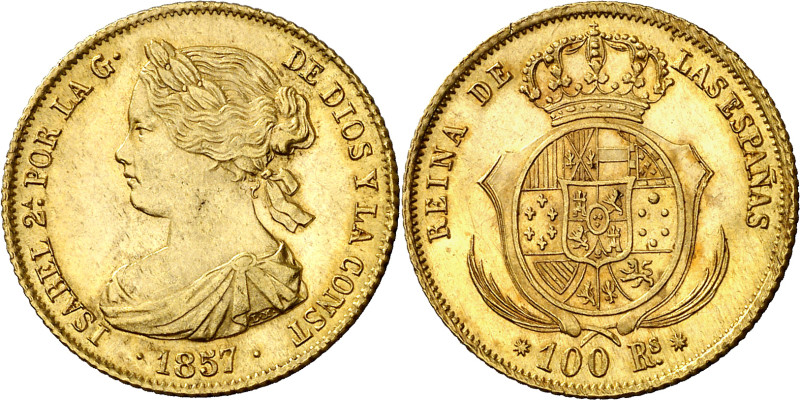1857. Isabel II. Barcelona. 100 reales. (AC. 767). Precioso color. Escasa. 8,34 ...