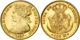 1857. Isabel II. Barcelona. 100 reales. (AC. 767). Precioso color. Escasa. 8,34 g. EBC-/EBC.