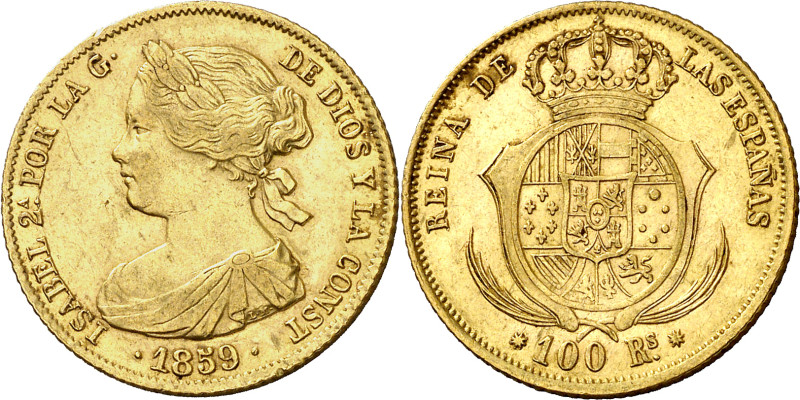1859. Isabel II. Barcelona. 100 reales. (AC. 770). Golpecitos. Bonito color. 8,3...