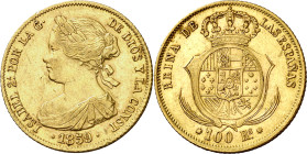 1859. Isabel II. Barcelona. 100 reales. (AC. 770). Golpecitos. Bonito color. 8,36 g. EBC-/EBC.