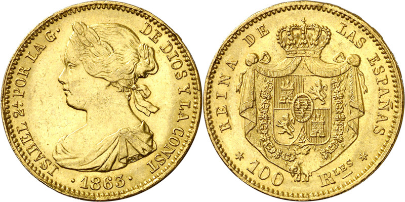 1863. Isabel II. Madrid. 100 reales. (AC. 790). Pequeño vano del cospel en rever...