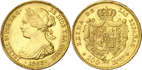 1863. Isabel II. Madrid. 100 reales. (AC. 790). Pequeño vano del cospel en reverso. 8,34 g. EBC-.