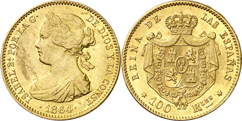 1864. Isabel II. Madrid. 100 reales. (AC. 792). Parte de brillo original. 8,38 g...