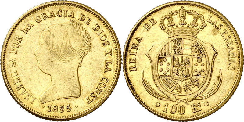 1855. Isabel II. Sevilla. 100 reales. (AC. 796). Leves marquitas. Parte de brill...