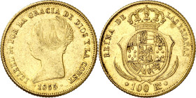 1855. Isabel II. Sevilla. 100 reales. (AC. 796). Leves marquitas. Parte de brillo original. 8,34 g. MBC+.