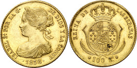 1858. Isabel II. Sevilla. 100 reales. (AC. 799). Parte de brillo original. Rara. 8,37 g. EBC-.