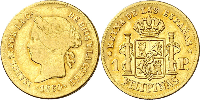 1864. Isabel II. Manila. 1 peso. (AC. 826). 1,70 g. MBC-/MBC.