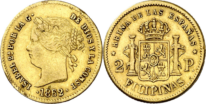 1862. Isabel II. Manila. 2 pesos. (AC. 838). Incisión en borde del reverso. 3,35...