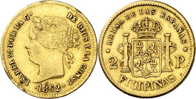 1862. Isabel II. Manila. 2 pesos. (AC. 838). Incisión en borde del reverso. 3,35 g. (MBC).