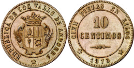 1873. Andorra. 10 céntimos. (AC. 2). Bella. Brillo original. Rara. 9,55 g. S/C.