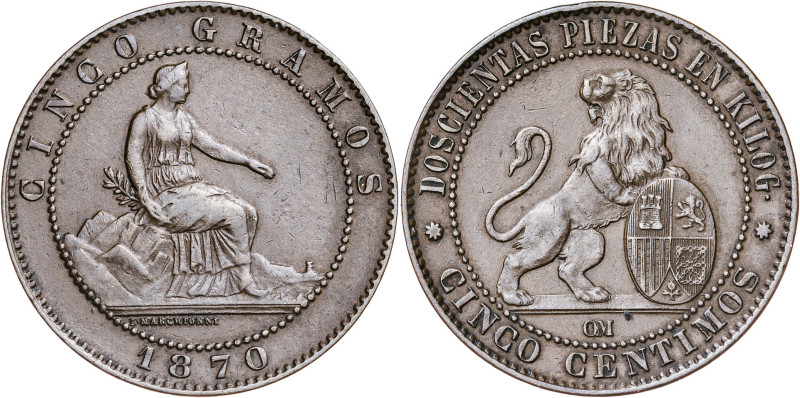 1870. Gobierno Provisional. Barcelona. OM. 5 céntimos. (AC. 6). 4,83 g. MBC/MBC+...