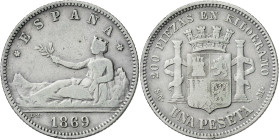 1869*1-69. Gobierno Provisional. SNM. 1 peseta. (AC. 17). ESPAÑA. Rara. 4,84 g. BC.