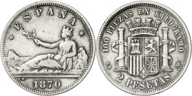 1870*1870. Gobierno Provisional. SNM. 2 pesetas. (AC. 24). 9,75 g. MBC-.