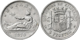 1870*1874. I República. DEM. 2 pesetas. (AC. 31). 9,86 g. MBC-.