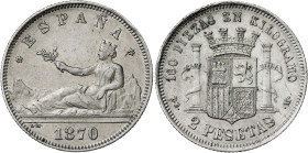 1870*1874. I República. DEM. 2 pesetas. (AC. 31). Buen ejemplar. 10 g. MBC+.